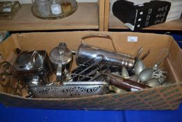Box containing various metal ware including tea/coffee pot, cutlery etc