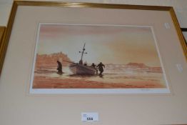 Limited edition signed print after Martin Sexton depicting fishermen on Cromer beach