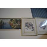 Pair of Ronald Embleton retro illustrations together with an Italian lakeside view, framed and