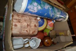 Mixed Lot: Two terracotta tagines, kitchen storage jars, dome top trunk etc