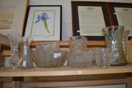 Collection of various pressed glass including vases, bowls etc