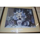 Hydrangeas and Peonies by Pat Moran, reproduction print, framed and glazed