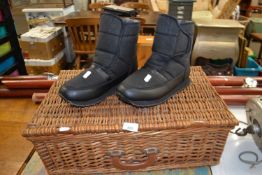A pair of snow boots, size 12 together with wicker picnic hamper