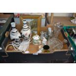 Mixed Lot: Assorted glass, a pair of pottery lamps, silk work picture etc