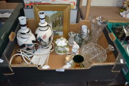Mixed Lot: Assorted glass, a pair of pottery lamps, silk work picture etc