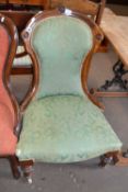 A shield back chair mahogany framed with green damask upholstery