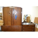 An oak veneered double door wardrobe, headboard and dressing chest (3)