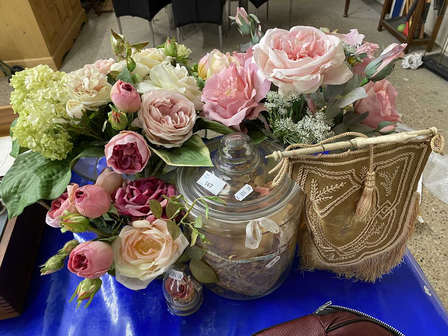 Vases, various fake flowers and other items