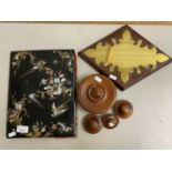 Mixed Lot: Small brass wall plaque, Victorian black lacquer and mother of pearl decorated folder and