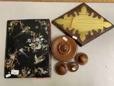 Mixed Lot: Small brass wall plaque, Victorian black lacquer and mother of pearl decorated folder and