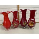 Four 20th Century red Art Glass vases