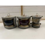 Set of three boat lanterns marked Mast Head Port and Starboard, bearing makers mark DL
