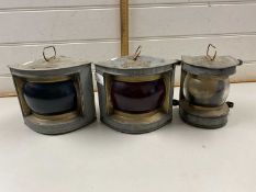 Set of three boat lanterns marked Mast Head Port and Starboard, bearing makers mark DL