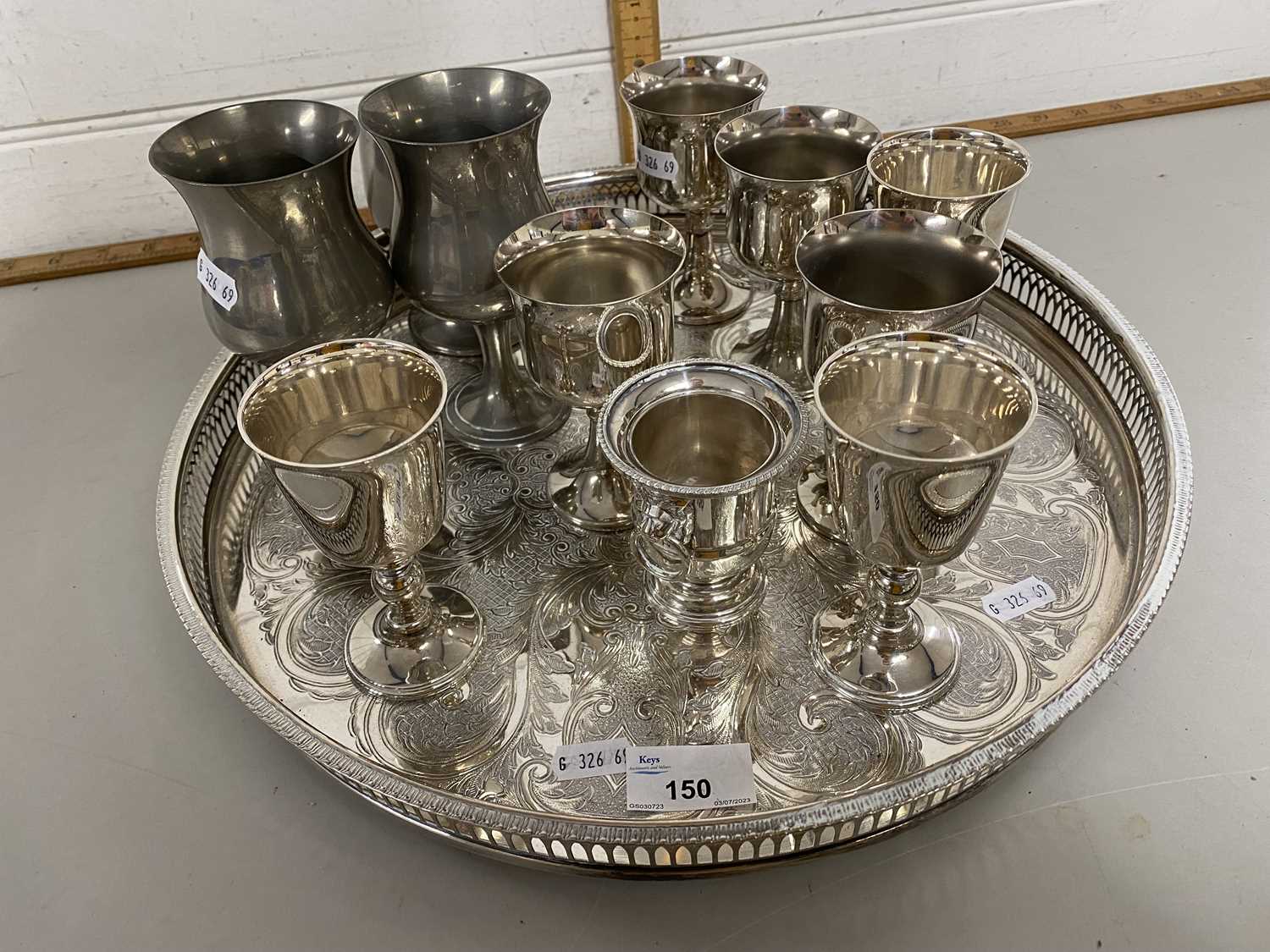 Silver plated serving tray plus various goblets