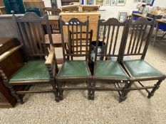 Set of four oak dining chairs with green seats