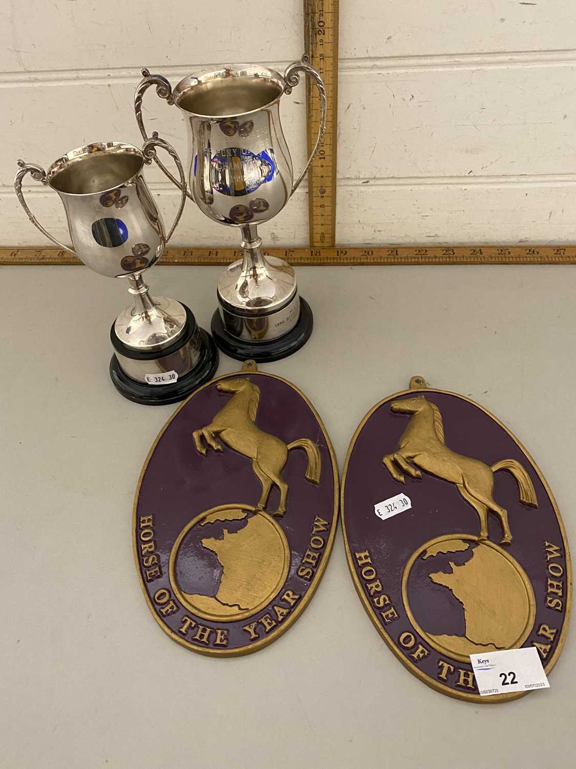Two Horse of the Year wall plaques together with two further silver plated trophies