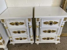 Pair of modern white painted and gilt finish three drawer bedside cabinets, 48cm wide
