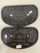 Railway Interest - Two cast iron plates, one marked LNER Darlington 302984 the other marked MET-