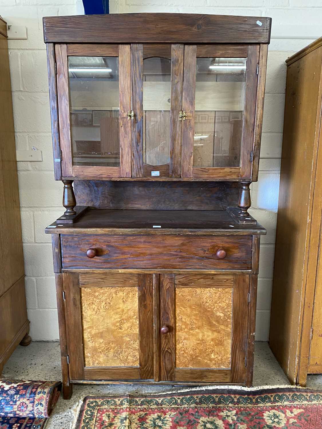 20th Century stained pine and burr wood finished dresser cabinet with glazed top section, 104cm