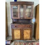 20th Century stained pine and burr wood finished dresser cabinet with glazed top section, 104cm