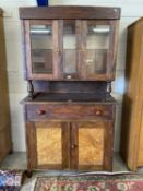 20th Century stained pine and burr wood finished dresser cabinet with glazed top section, 104cm