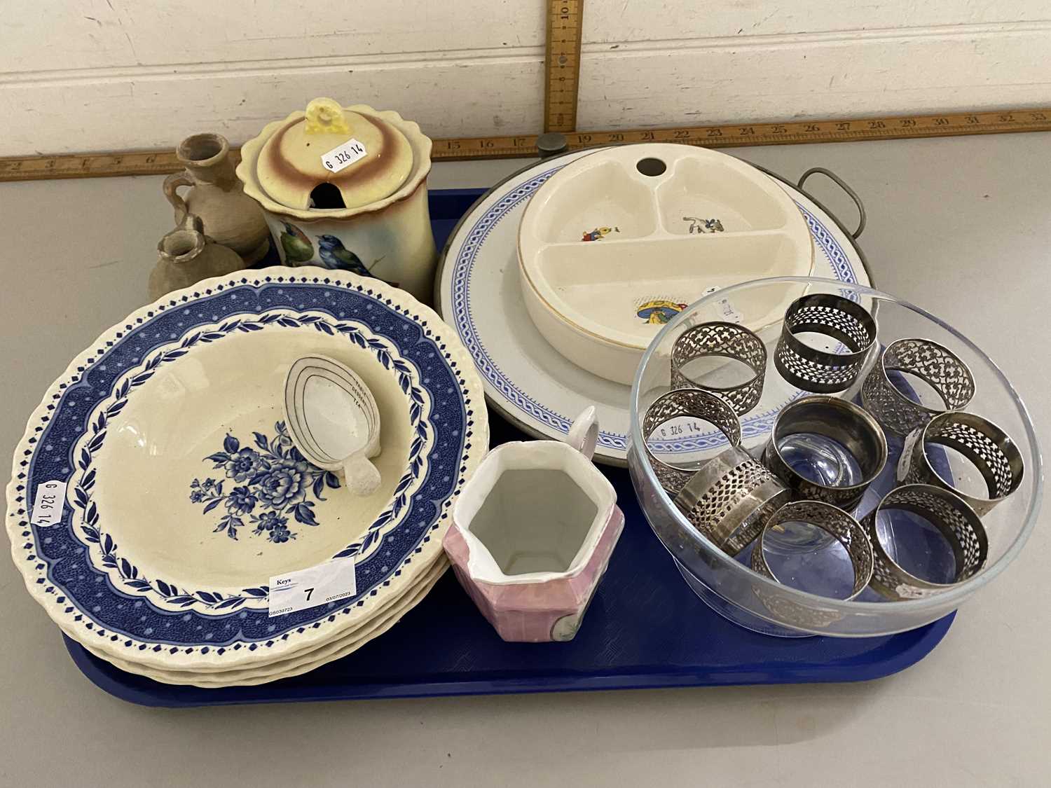 Tray of mixed items to include dinner wares, napkin rings, baby plate etc