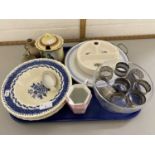 Tray of mixed items to include dinner wares, napkin rings, baby plate etc