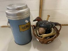 Mixed Lot: Vintage Thermos flask, model duck, small white metal trinket box, pestle and mortar,