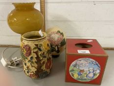 Mixed Lot: Small glass table lamp, painted Ostrich egg and other items