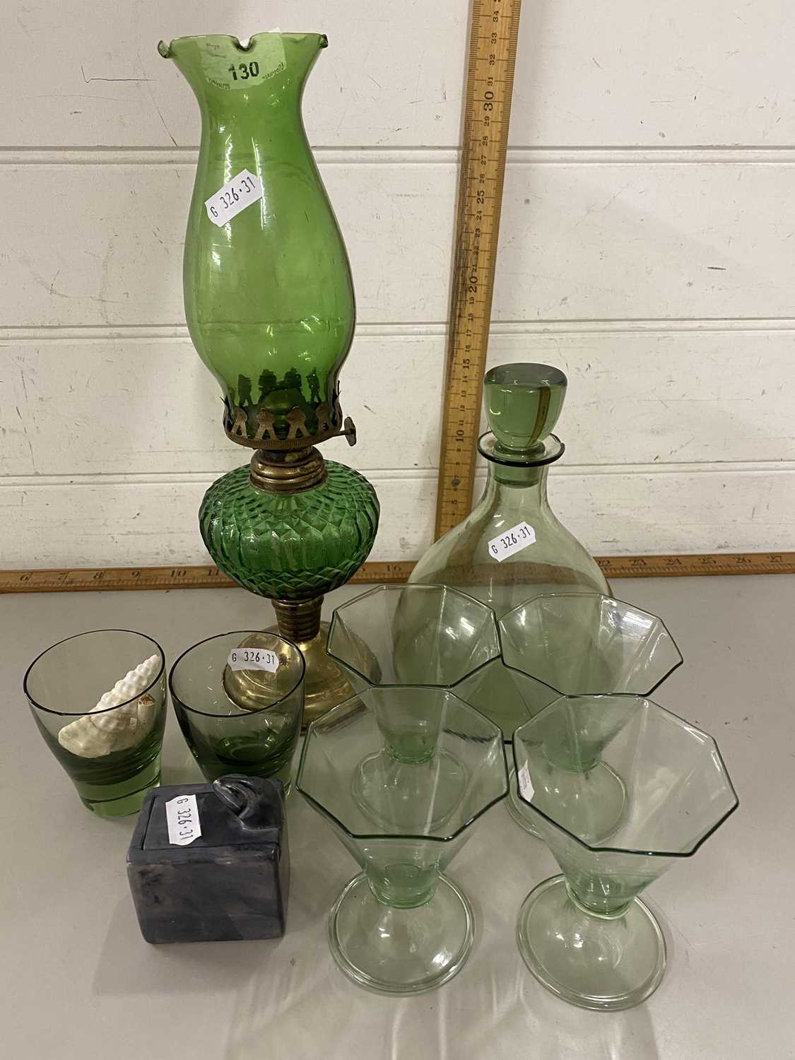 Mixed Lot: Small green glass oil lamp, liqueur decanter and glasses etc