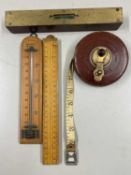 Mixed Lot: Folding wooden ruler, vintage thermometer, spirit level etc