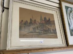 Mute 20th Century school beach village scene, watercolour, unsigned, framed and glazed