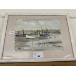 20th Century school study of a river creek with moored boat, watercolour, unsigned, framed and