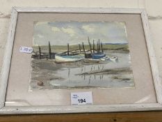 20th Century school study of a river creek with moored boat, watercolour, unsigned, framed and