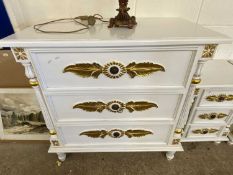 A modern white painted and gilt finish three drawer bedroom chest, 100cm wide