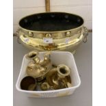 An oval brass jardiniere together with brass chamber sticks and a selection of brass weights