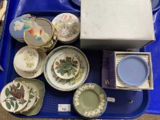 Tray of various mixed items to include Wedgwood Jasper wares, miniature Franklin porcelain bird