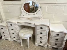 Suite of light wood bedroom furniture comprising twin pedestal dressing table with triple mirror and