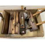 Box of various assorted woodworking planes and other items