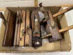 Box of various assorted woodworking planes and other items