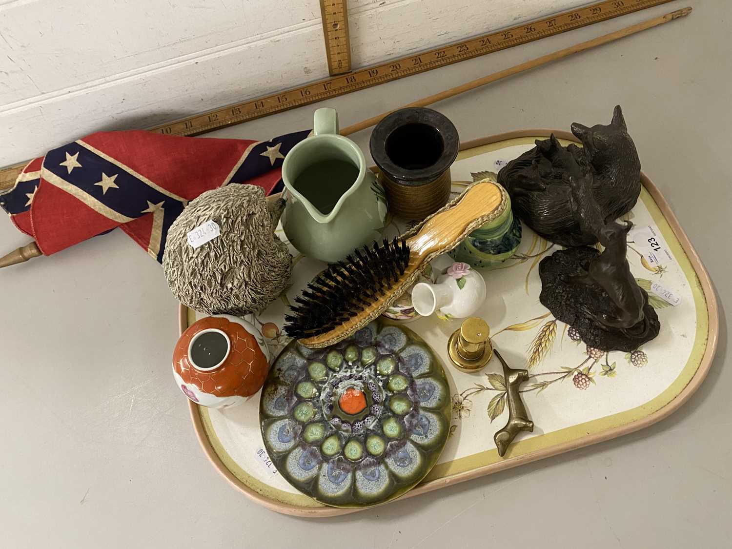 Tray of various mixed items to include bronzed resin animal models, assorted pottery wares, a