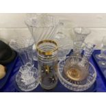 Tray of various assorted glass vases, decanter etc