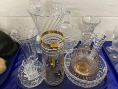 Tray of various assorted glass vases, decanter etc