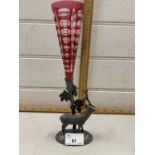 Pewter and ruby glass centre piece vase with stag mount