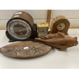 Mixed Lot: Three various assorted small mantel clocks together with wooden nut crackers, wooden