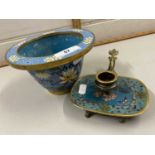 Modern Chinese Cloisonne jardiniere and similar chamber stick