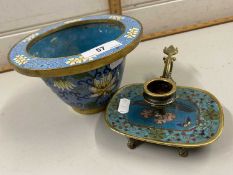 Modern Chinese Cloisonne jardiniere and similar chamber stick