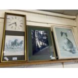 Mantel clock with ploughing picture below together with a print of a cat