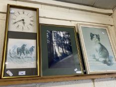 Mantel clock with ploughing picture below together with a print of a cat