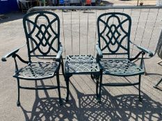 A pair of modern metal folding garden chairs and accompanying small table (3)